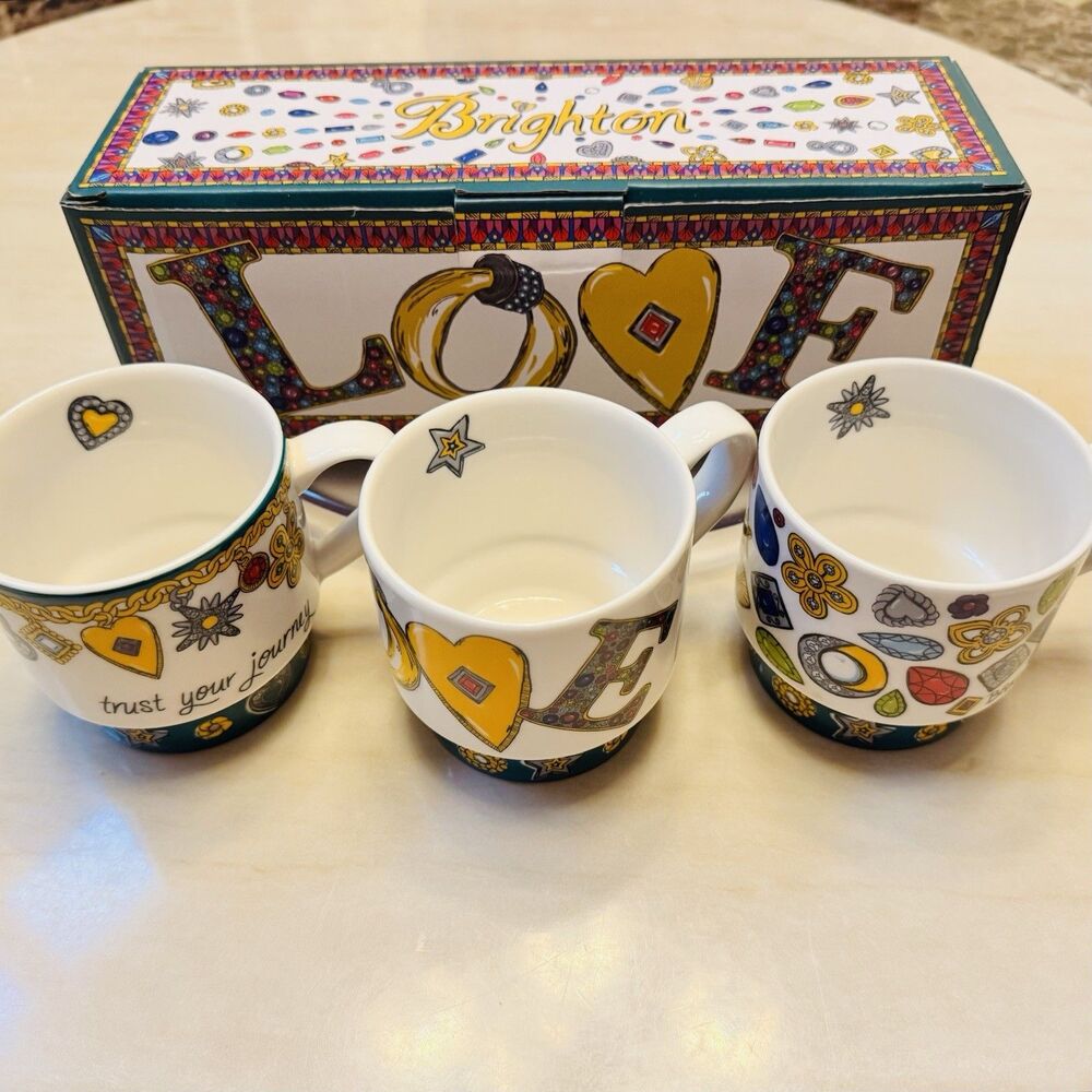 Brighton LOVE Mug Set of 3 Trust Your Journey Ceramic Gift Coffee Mugs w/Box